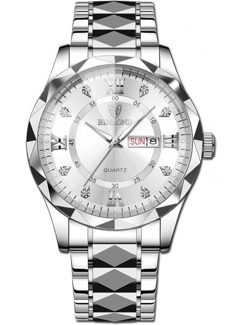 Unisex White Silver Analog Stainless Steel Roman Numeral Diamond Luxury Watch